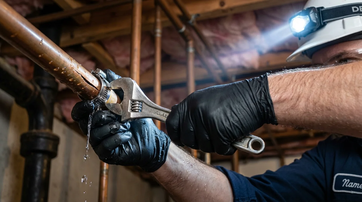 Emergency pipe clamp repair being performed by a Johns Plumbing LLC plumber in Glenwood