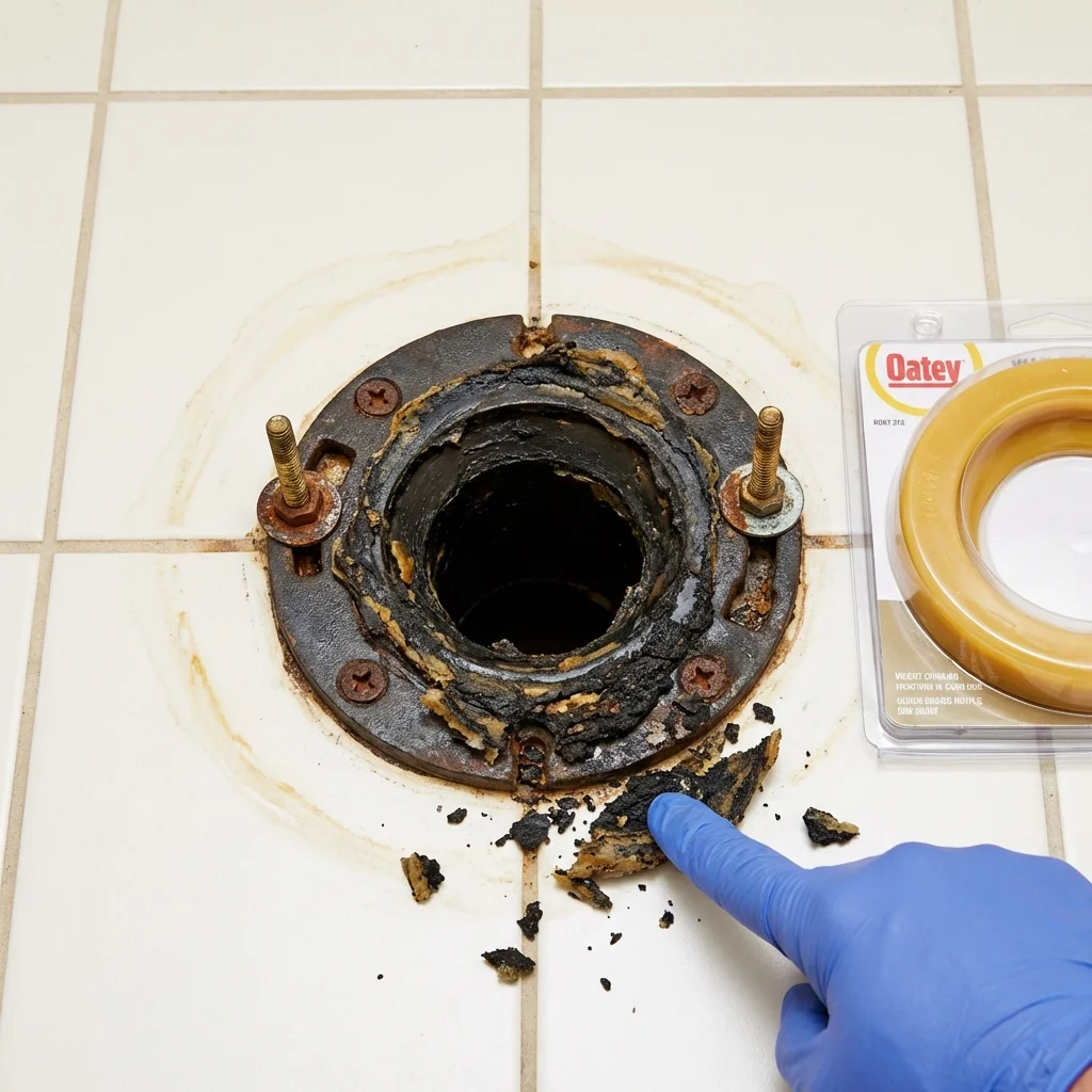 Failed wax ring showing water seepage at the base of a toilet in a Glenwood, AR home