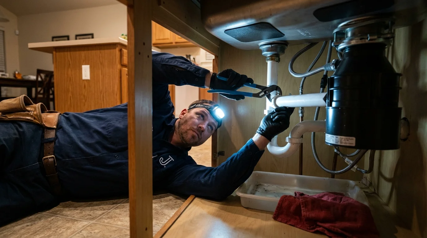 P-trap and supply line connections under a kitchen sink showing a common leak point in Glenwood, AR